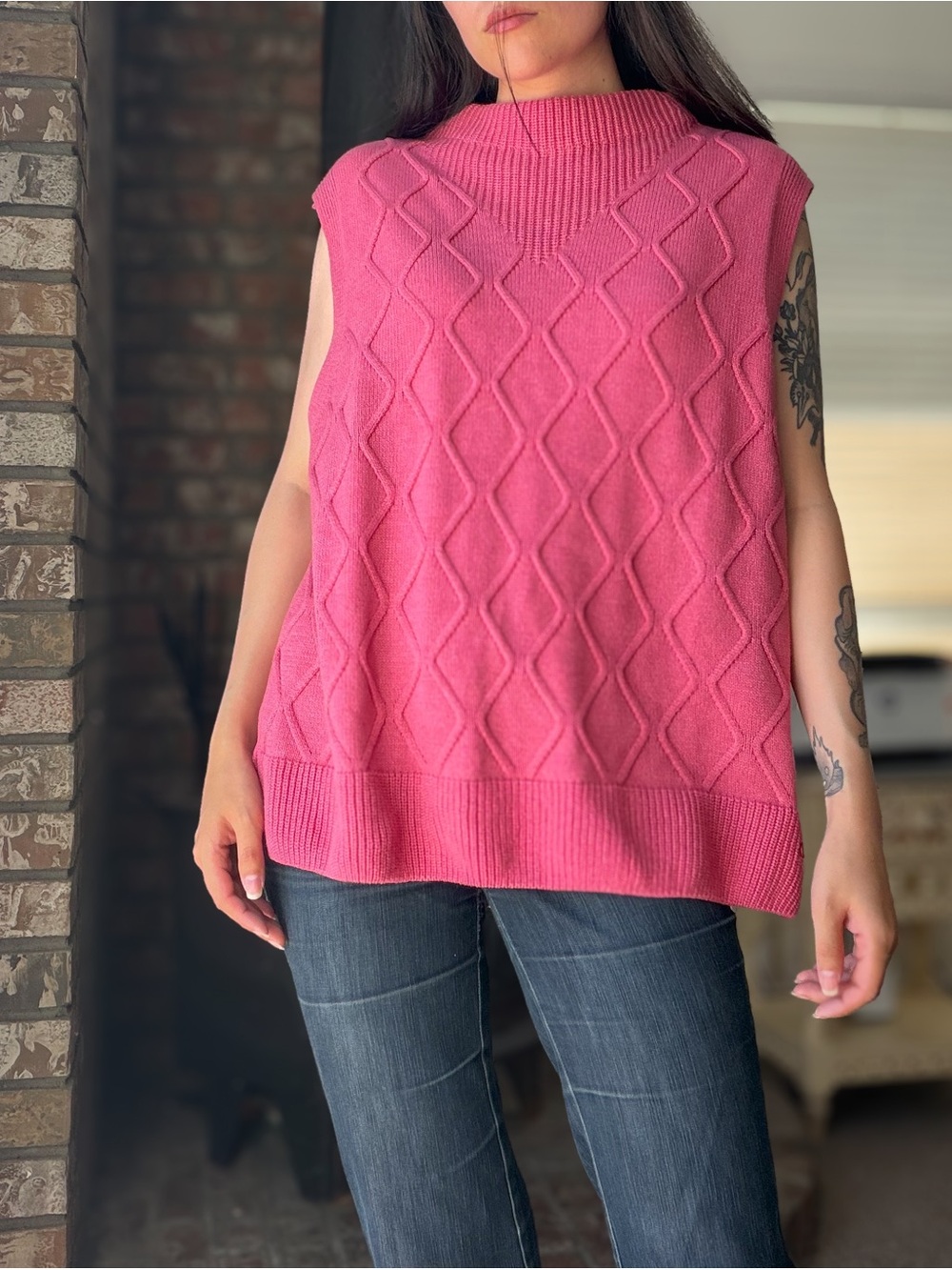 Cable knit Pink Summer Oversized Sweater Vest
